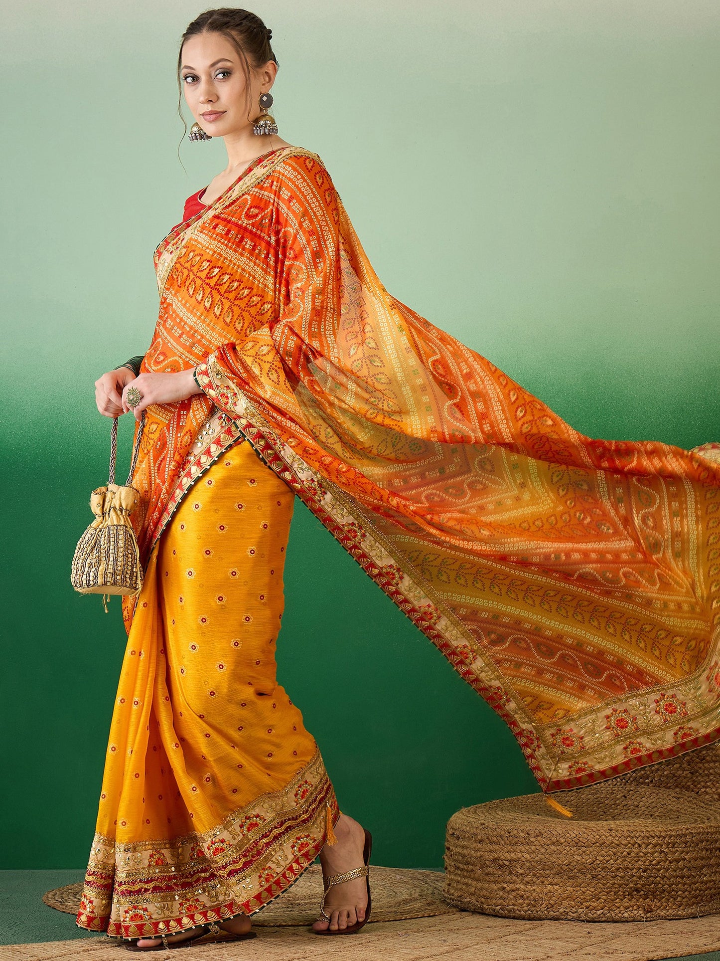 Dhiyona RV Women's Soft Mose Chiffon With Bhandhani Print With Heavy Lace Saree With Blouse ( KVD2129 )