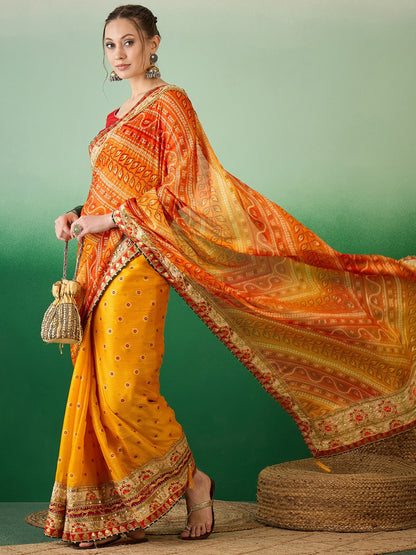 Dhiyona RV Women's Soft Mose Chiffon With Bhandhani Print With Heavy Lace Saree With Blouse ( KVD2129 )