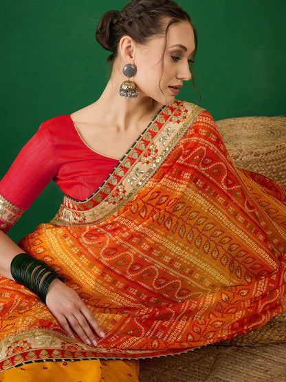 Dhiyona RV Women's Soft Mose Chiffon With Bhandhani Print With Heavy Lace Saree With Blouse ( KVD2129 )