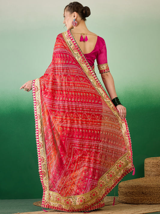 Dhiyona RV Women's Soft Mose Chiffon With Bhandhani Print With Heavy Lace Saree With Blouse ( KVD2130 )