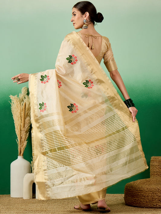 Dhiyona RV Women's Assam Cotton Silk Saree with Multi Thread Embroidery & Zari Temple Border With Blouse ( KVD2133 )
