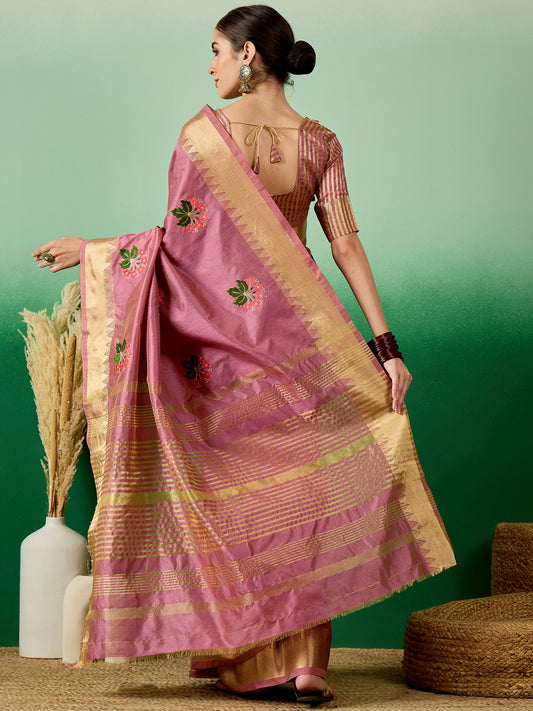 Dhiyona RV Women's Assam Cotton Silk Saree with Multi Thread Embroidery & Zari Temple Border With Blouse ( KVD2134 )