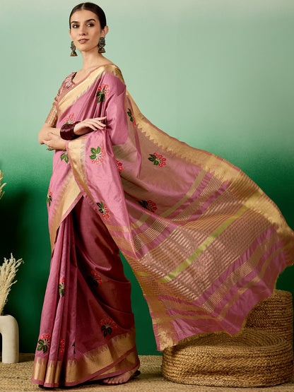 Dhiyona RV Women's Assam Cotton Silk Saree with Multi Thread Embroidery & Zari Temple Border With Blouse ( KVD2134 )