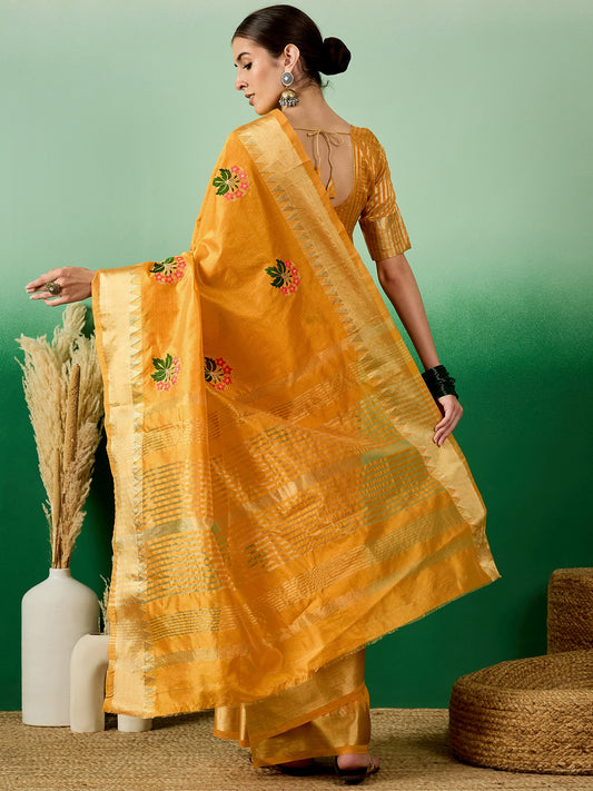 Dhiyona RV Women's Assam Cotton Silk Saree with Multi Thread Embroidery & Zari Temple Border With Blouse ( KVD2135 )