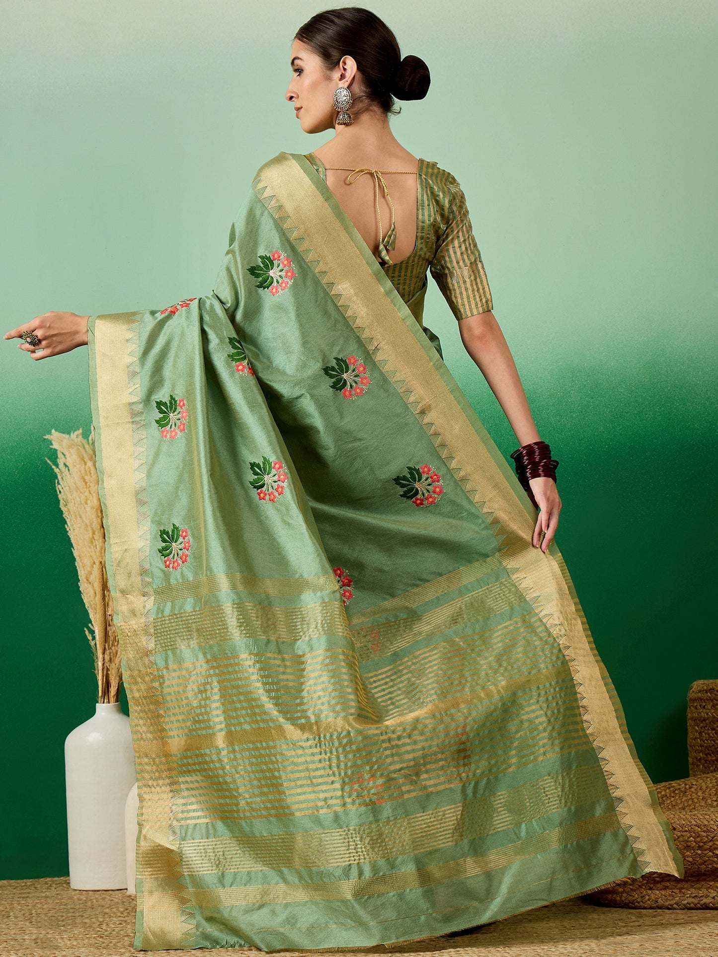 Dhiyona RV Women's Assam Cotton Silk Saree with Multi Thread Embroidery & Zari Temple Border With Blouse ( KVD2136 )