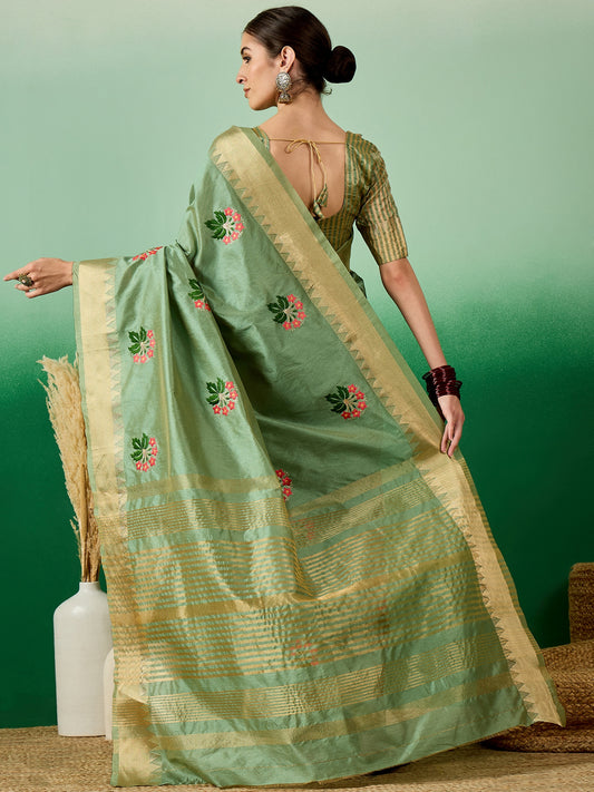 Dhiyona RV Women's Assam Cotton Silk Saree with Multi Thread Embroidery & Zari Temple Border With Blouse ( KVD2136 )