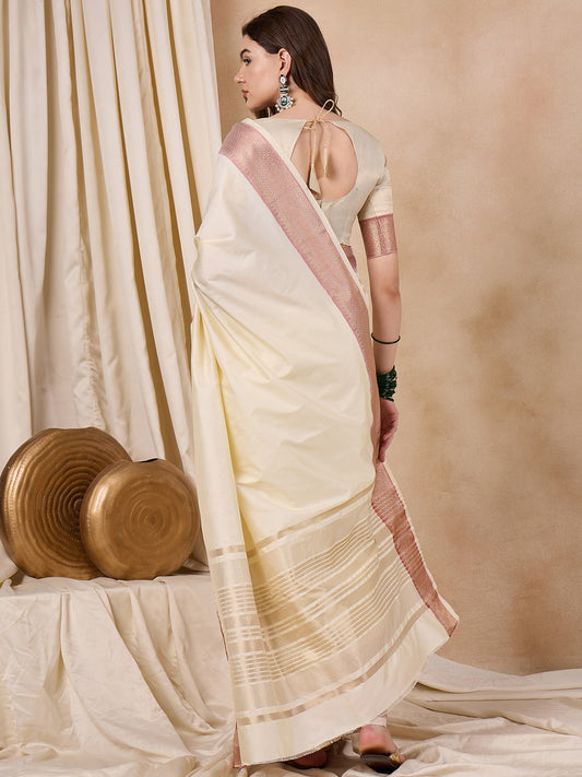 Dhiyona RV Women's Cotton Silk Solid Print With Golden Woven Border Saree  ( KVD2137 )