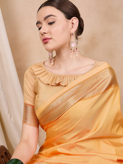 Dhiyona RV Women's Cotton Silk Solid Print With Golden Woven Border Saree  ( KVD2138 )