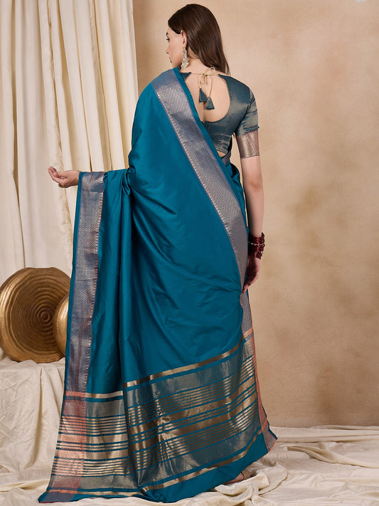 Dhiyona RV Women's Cotton Silk Solid Print With Golden Woven Border Saree  ( KVD2139 )