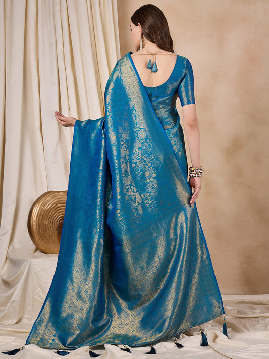 Dhiyona RV Women's Traditional Kanjivaram Silk Saree with Golden Zari Woven Border With Blouse ( KVD2141 )