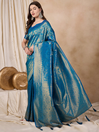 Dhiyona RV Women's Traditional Kanjivaram Silk Saree with Golden Zari Woven Border With Blouse ( KVD2141 )