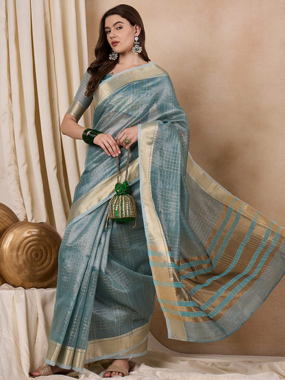 Dhiyona RV Women's Elegant Organza Golden Zari Woven Saree with Matching Blouse ( KVD2146 )