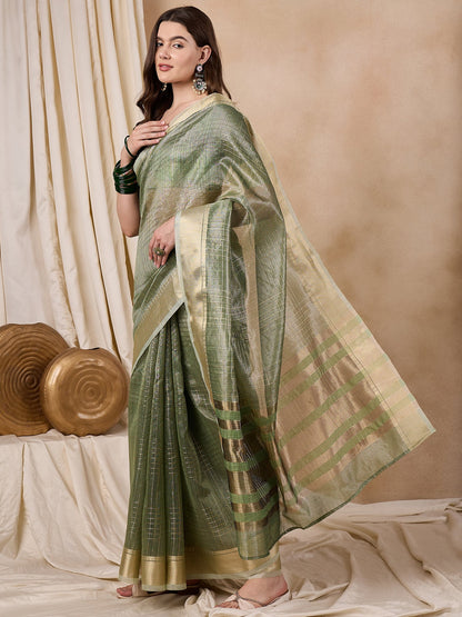 Dhiyona RV Women's Elegant Organza Golden Zari Woven Saree with Matching Blouse ( KVD2147 )
