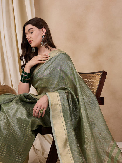 Dhiyona RV Women's Elegant Organza Golden Zari Woven Saree with Matching Blouse ( KVD2147 )