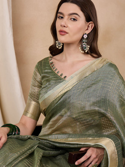 Dhiyona RV Women's Elegant Organza Golden Zari Woven Saree with Matching Blouse ( KVD2147 )
