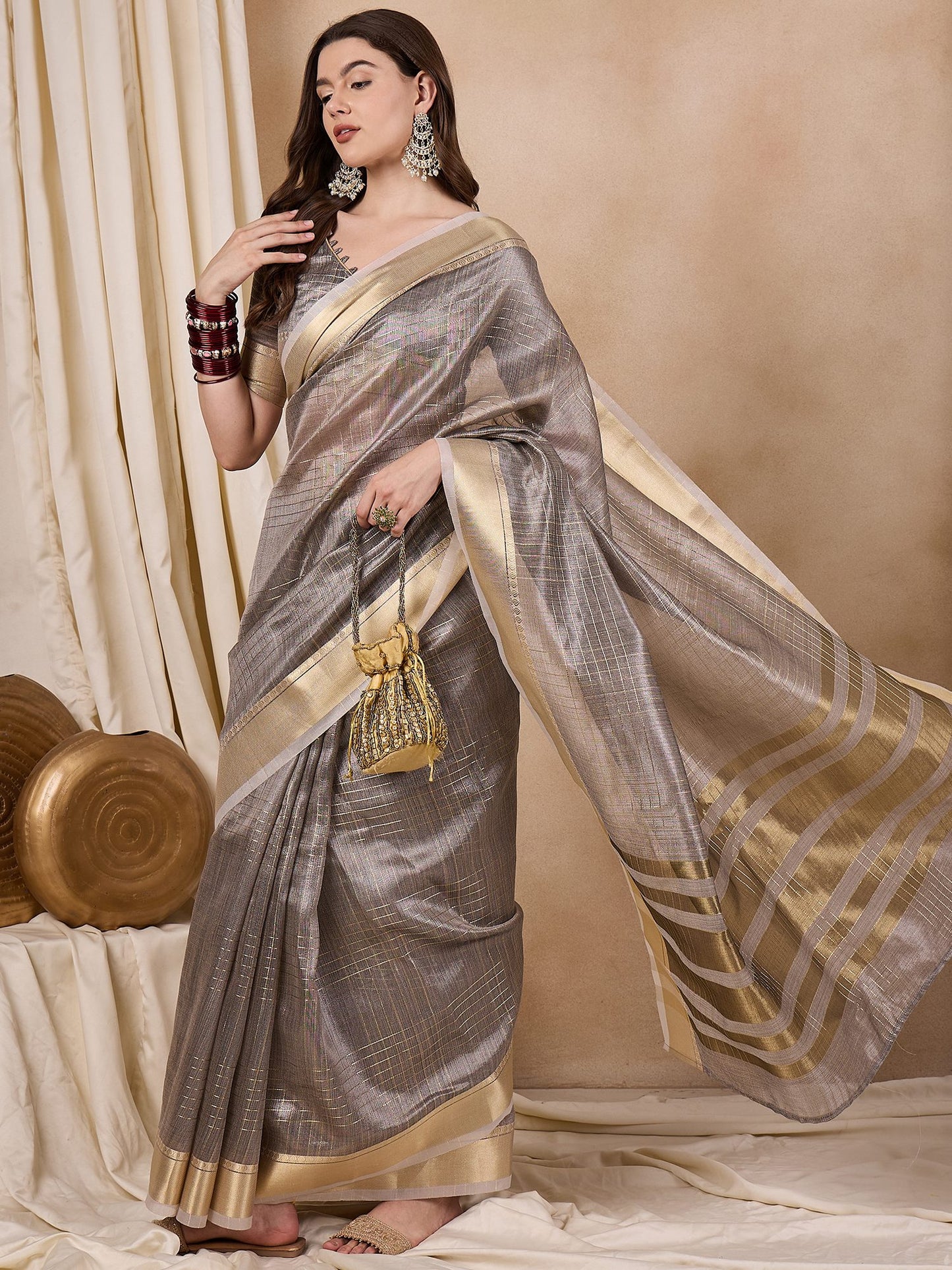 Dhiyona RV Women's Elegant Organza Golden Zari Woven Saree with Matching Blouse ( KVD2149 )