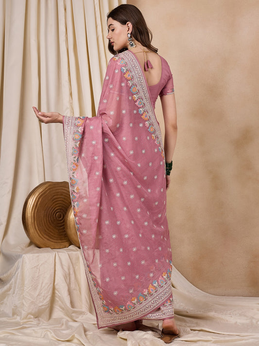 Dhiyona RV Women's Silk Organza Fabric With Multi Thread Embroidery Border Saree  ( KVD2151 )