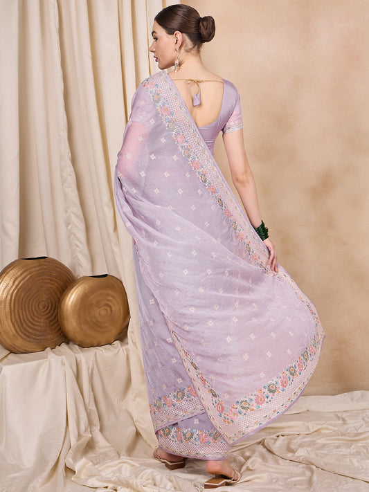 Dhiyona RV Women's Silk Organza Fabric With Multi Thread Embroidery Border Saree  ( KVD2152 )
