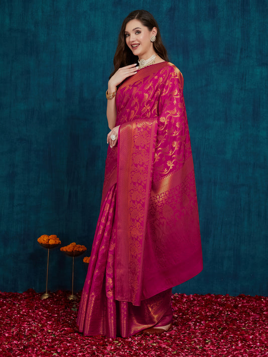 Dhiyona RV Women's Elegant Golden Zari Woven Banarasi Silk Saree with Blouse ( KVD2153 )
