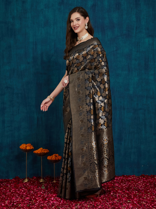 Dhiyona RV Women's Kanjivaram Silk Woven With Golden Woven Border Saree  ( KVD2154 )