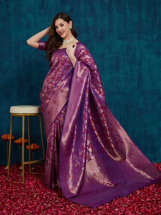 Dhiyona RV Women's Kanjivaram Silk Woven With Golden Woven Border Saree  ( KVD2155 )