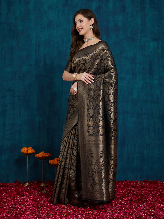 Dhiyona RV Women's Kanjivaram Silk Woven With Golden Woven Border Saree  ( KVD2158 )