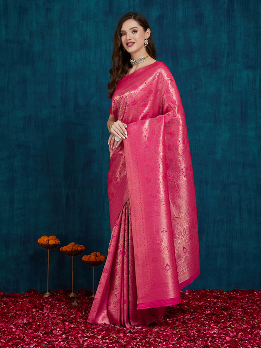 Dhiyona RV Women's Kanjivaram Silk Woven With Golden Woven Border Saree  ( KVD2159 )