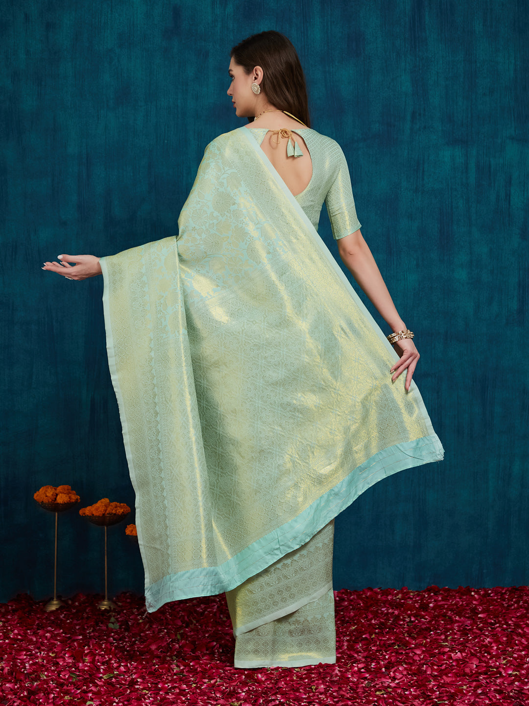 Dhiyona RV Women's Traditional Kanjivaram Silk Saree with Golden Zari Woven Border With Blouse ( KVD2162 )