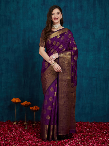 Dhiyona RV Women's Elegant Golden Zari Woven Banarasi Silk Saree with Blouse ( KVD2163 )