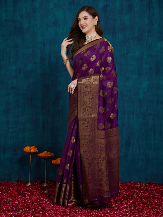 Dhiyona RV Women's Elegant Golden Zari Woven Banarasi Silk Saree with Blouse ( KVD2163 )