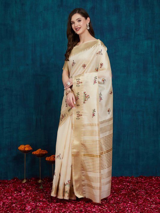 Dhiyona RV Women's Assam Cotton Silk With Golden Border And Multicolor Thread Embroidered Saree  ( KVD2164 )