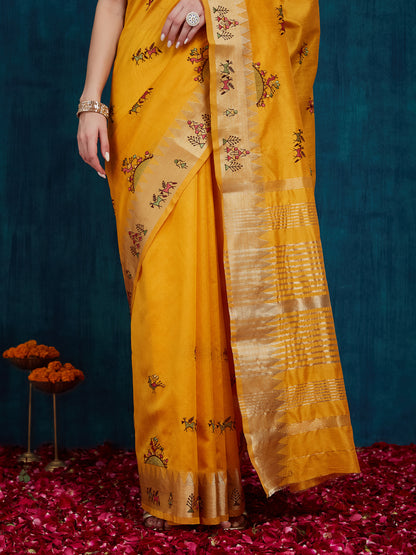 Dhiyona RV Women's Assam Cotton Silk With Golden Border And Multicolor Thread Embroidered Saree  ( KVD2165 )