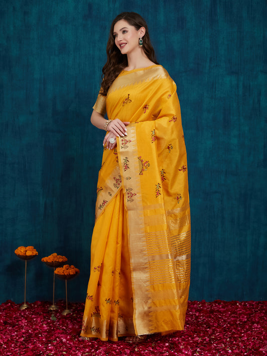 Dhiyona RV Women's Assam Cotton Silk With Golden Border And Multicolor Thread Embroidered Saree  ( KVD2165 )