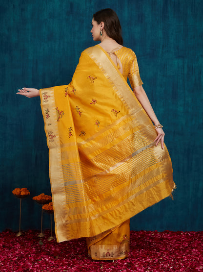 Dhiyona RV Women's Assam Cotton Silk With Golden Border And Multicolor Thread Embroidered Saree  ( KVD2165 )