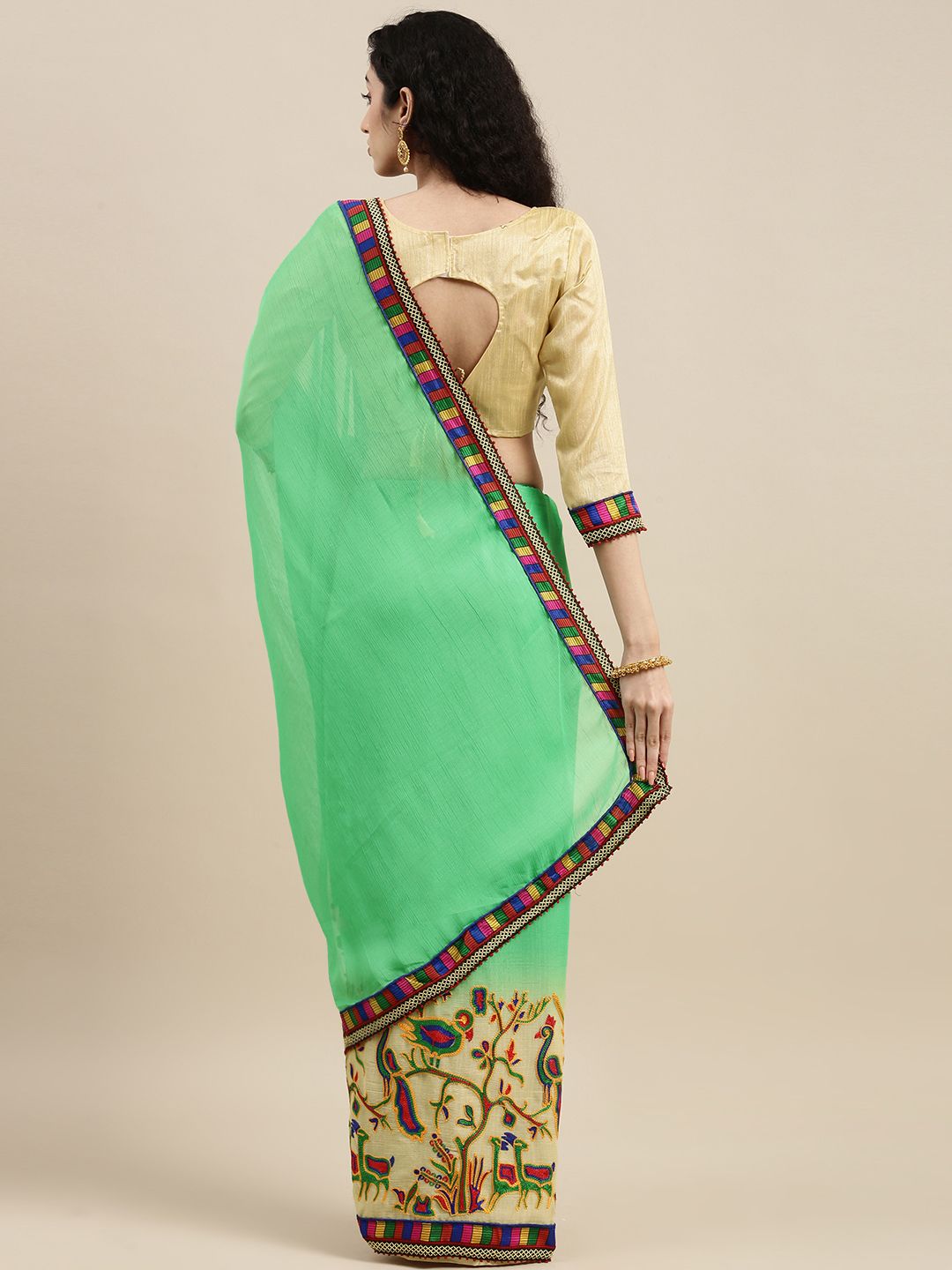 Dhiyona RV Women's Deer Pattern Embroidery Chiffon Saree with Dhupion Blouse ( KVD225 )