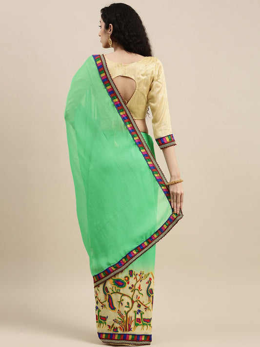 Dhiyona RV Women's Deer Pattern Embroidery Chiffon Saree with Dhupion Blouse ( KVD225 )