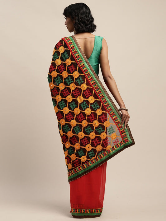 Dhiyona RV Women's Elegant Heavy Embroidred Pallu Georgette Saree with Unstitched Blouse ( KVD270 )