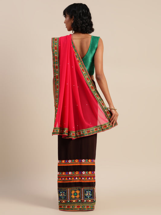Dhiyona RV Women's Designer Half & Half Georgette Embroidery Work Saree With Blouse ( KVD3 )