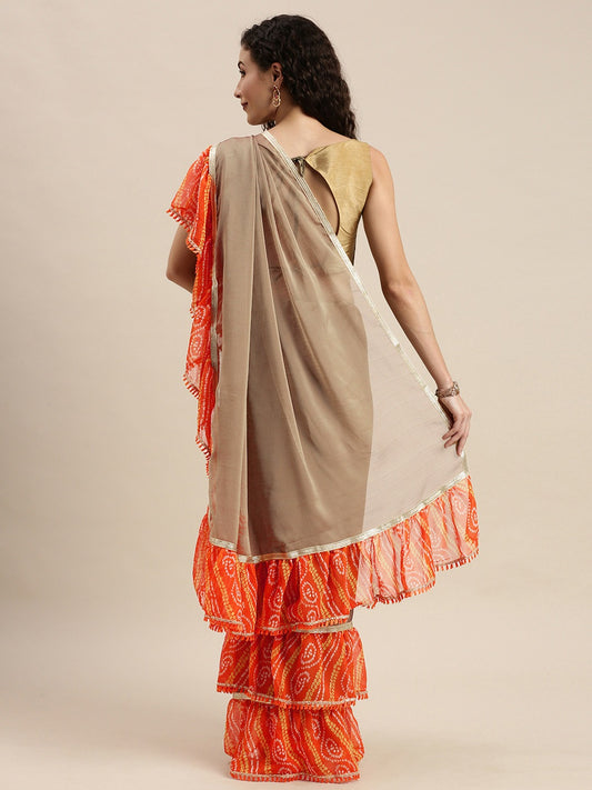 Dhiyona RV Women's Chiffon Ruffle Saree With Bandhej frill Saree ( KVD517 )