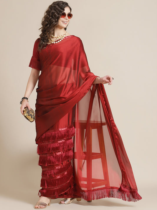 Dhiyona RV Women's  Rangoli Gerogette Three-Layer Ruffle Georgette Saree with Tassel Lace with Blouse ( KVD571 )