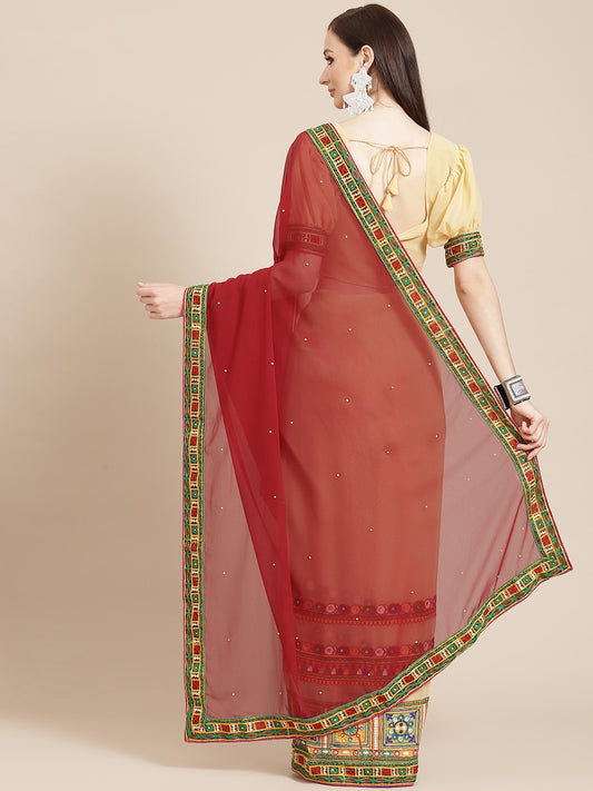 Dhiyona RV Women's Georgette With heavy Kutchi Embroidered Work Saree ( KVD713 )