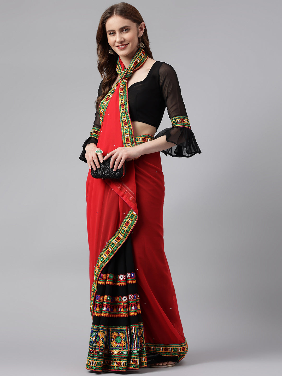 Dhiyona RV Women's Georgette With heavy Kutchi Embroidered Work Saree ( KVD715 )