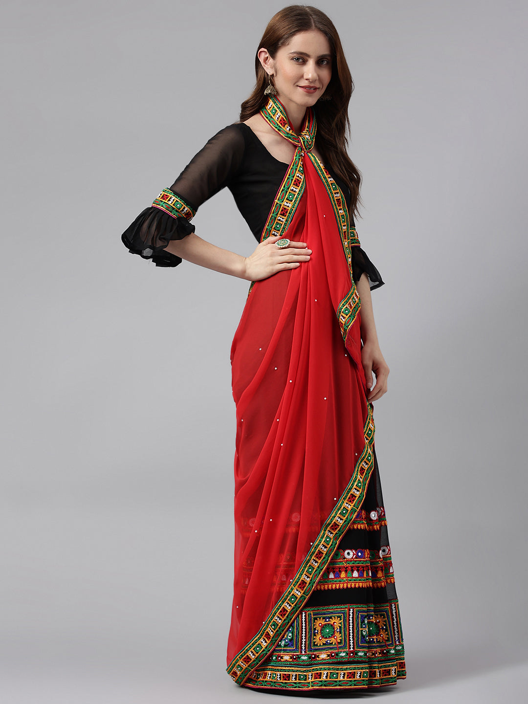 Dhiyona RV Women's Georgette With heavy Kutchi Embroidered Work Saree ( KVD715 )