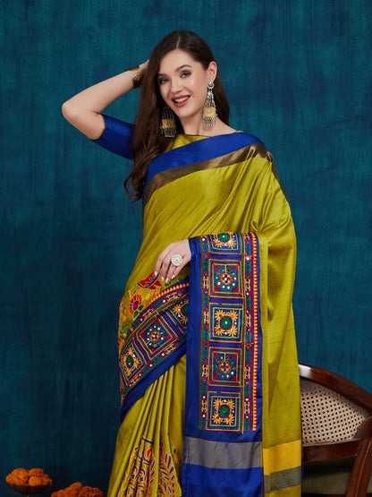 Dhiyona RV Women's Cotton Silk Heavy Kutchi Work With Peacock Design Embroidered Saree  ( KVD731 )