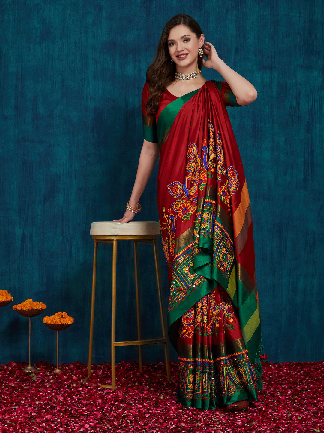 Dhiyona RV Women's Cotton Silk Heavy Kutchi Work With Peacock Design Embroidered Saree  ( KVD732 )