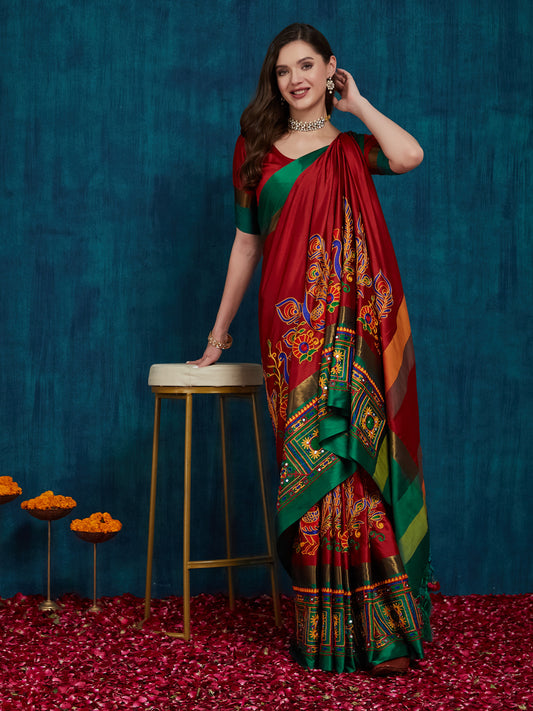 Dhiyona RV Women's Cotton Silk Heavy Kutchi Work With Peacock Design Embroidered Saree  ( KVD732 )