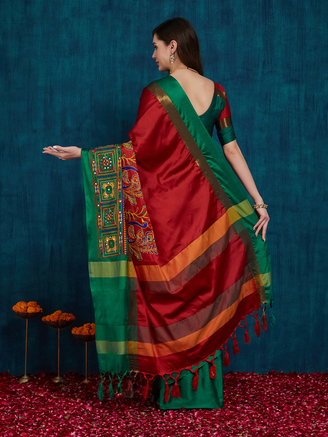 Dhiyona RV Women's Cotton Silk Heavy Kutchi Work With Peacock Design Embroidered Saree  ( KVD732 )