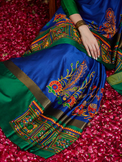 Dhiyona RV Women's Cotton Silk Heavy Kutchi Work With Peacock Design Embroidered Saree  ( KVD862 )