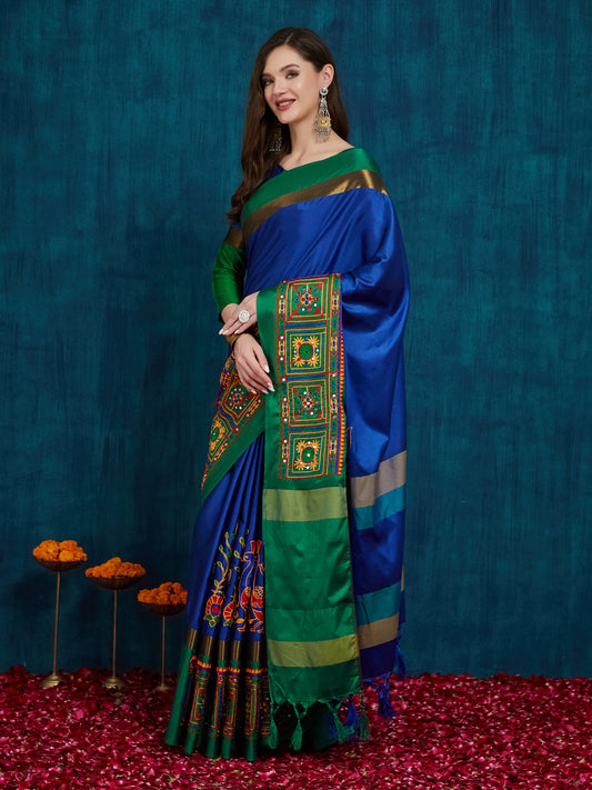 Dhiyona RV Women's Cotton Silk Heavy Kutchi Work With Peacock Design Embroidered Saree  ( KVD862 )