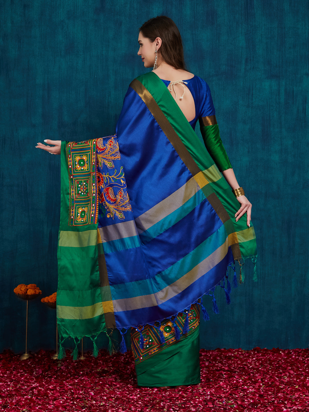 Dhiyona RV Women's Cotton Silk Heavy Kutchi Work With Peacock Design Embroidered Saree  ( KVD862 )